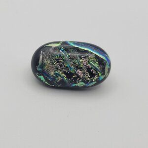 Vintage Dichroic Glass Brooch Black Green Art Small Oval Pin